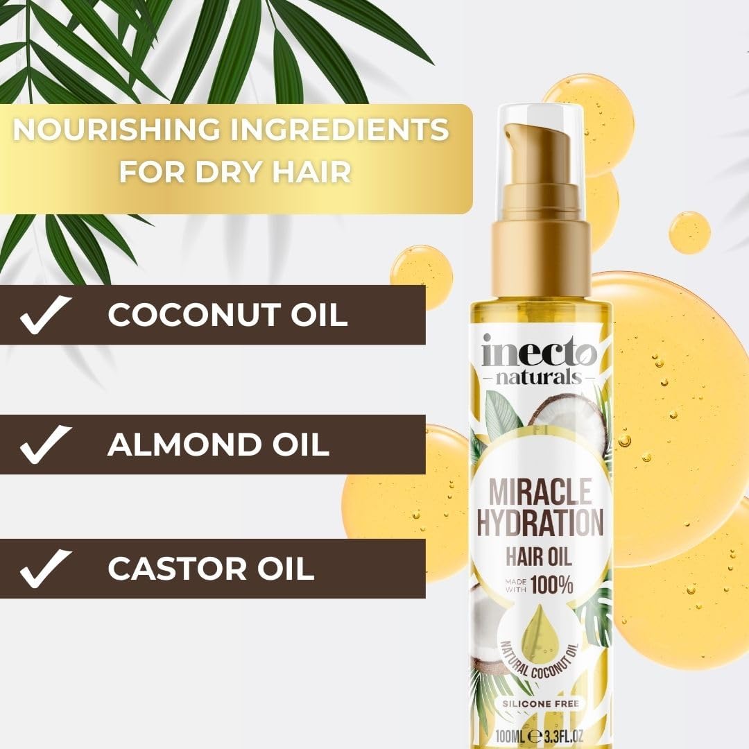 Inecto Naturals Miracle Hydration Hair Oil, pump bottle packaging, Coconut fragrance, 100ml, ingredients information