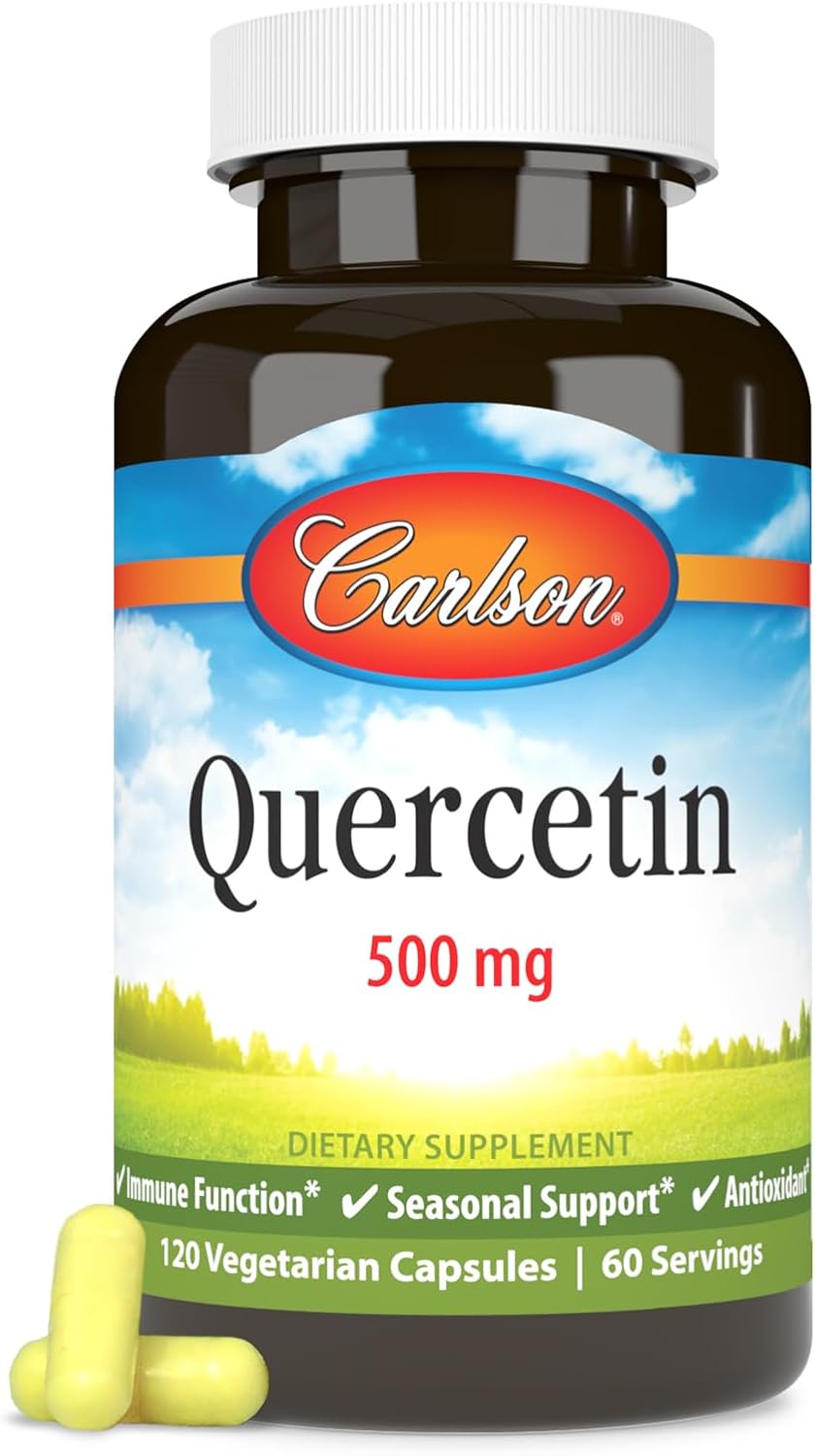 Front image: Carlson Quercetin 500 mg vegetarian capsules supplement bottle 120 count