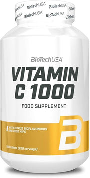 BiotechUSA Vitamin C 1000mg Bioflavonoids bottle, 250 tablets, on a white background.