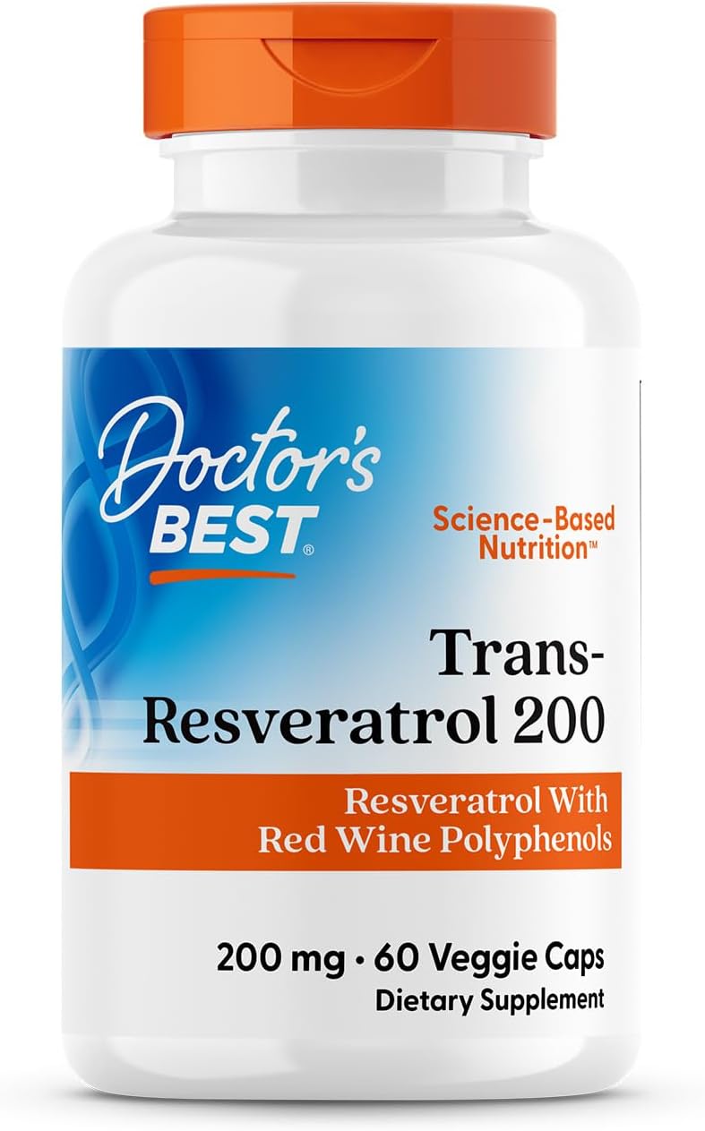 Doctor's Best Trans-Resveratrol, bottle packaging, unflavoured, 200mg, 60 veggie capsules