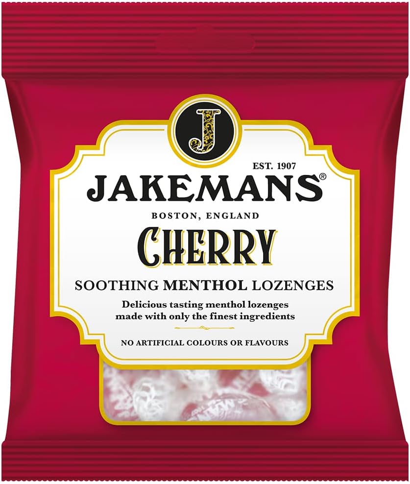Jakemans Cherry Soothing Menthol Lozenges, bag packaging, cherry flavour, 73g