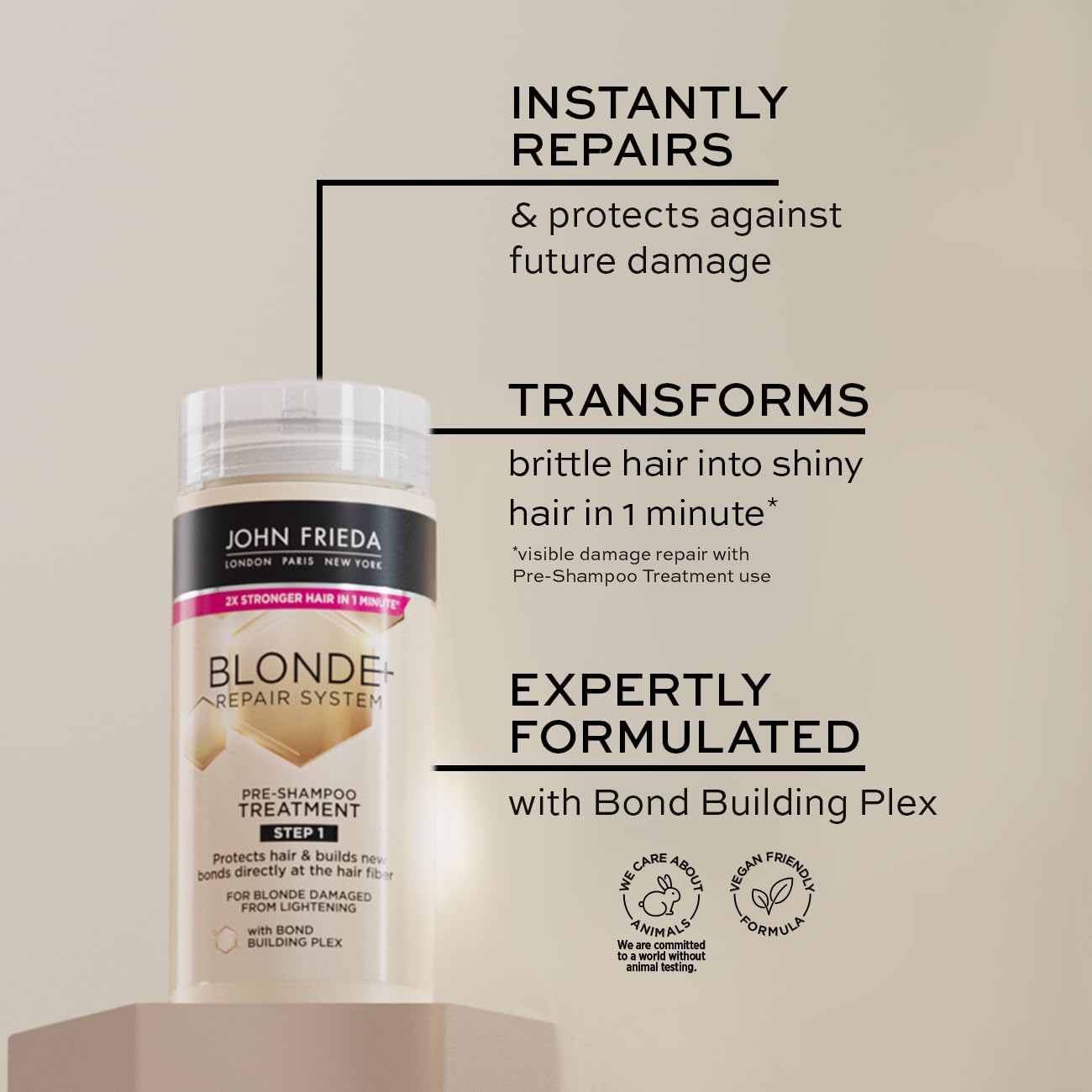 John Frieda Blonde+ Repair System Pre-Shampoo Treatment, tube packaging, fragrance not specified, 100ml, blonde hair pre-wash use