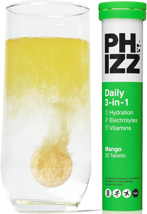 Phizz daily 3 in 1 electrolyte multivitamin mango effervescent tablets tube 20 tablets