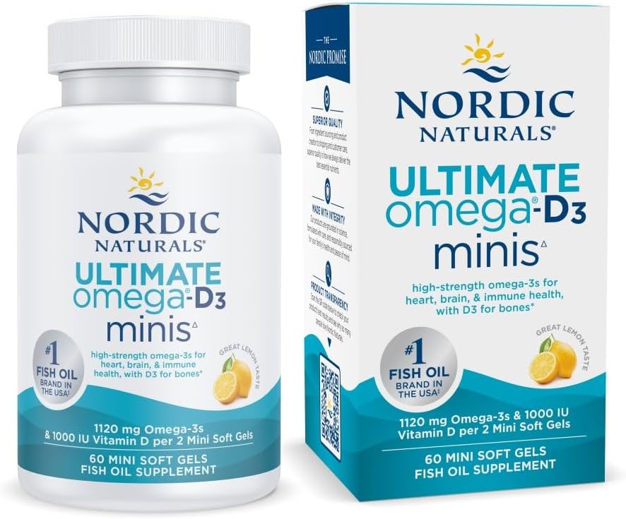 Nordic Naturals Ultimate Omega D3 bottle & box, lemon mini soft gels, 60 count.