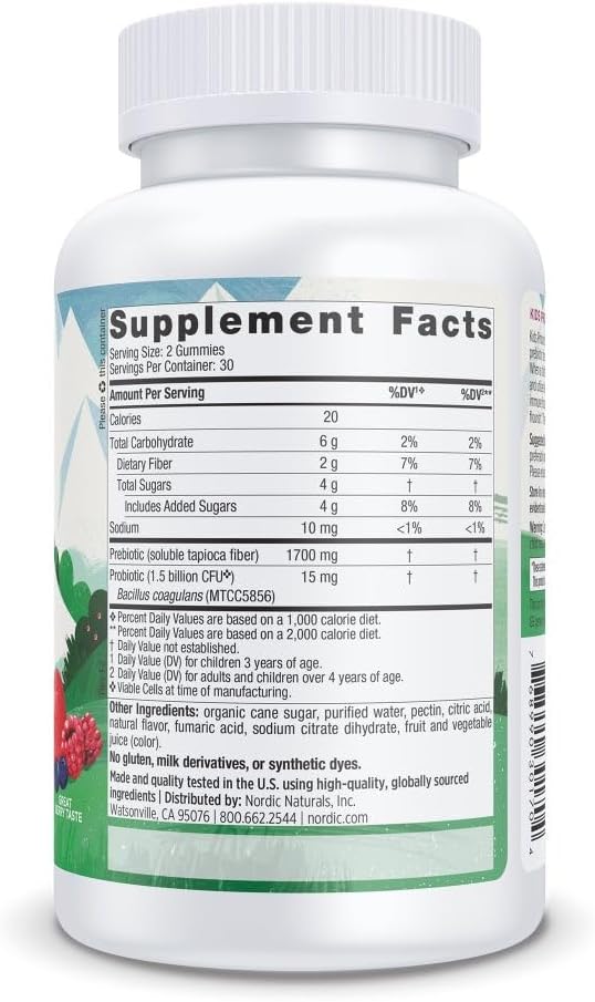 Ingredients and dosage instructions for children's probiotic gummies.