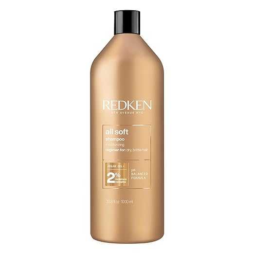 Redken All Soft Shampoo bottle with Argan Oil, 1000ml, on clean background.