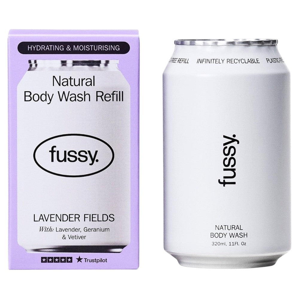 Fussy Natural Body Wash Refill Lavender Fields lavender geranium vetiver fragrance 320ml refill front packaging