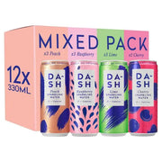 DASH Sparkling Water Mixed Pack, assorted can packaging, Cherry Lime Peach Raspberry flavours, 12 x 330ml