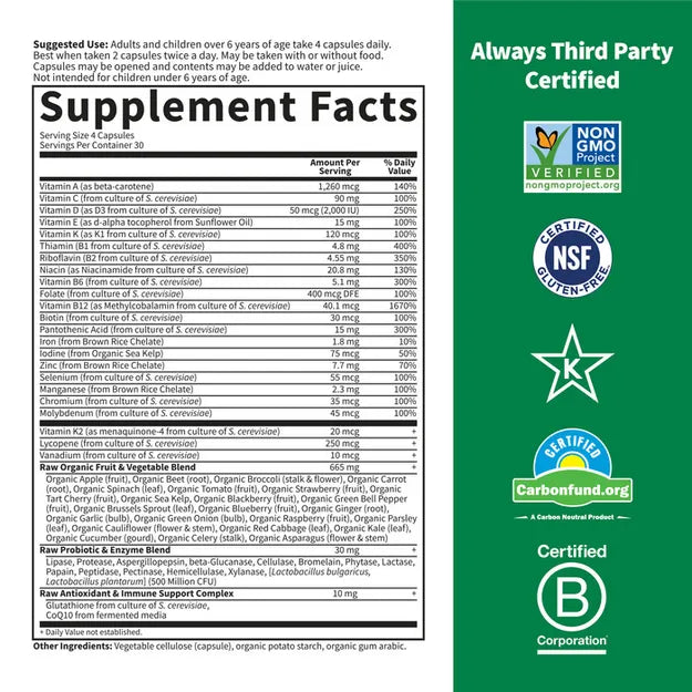 Supplement facts panel showing ingredients for ages 6 and up.