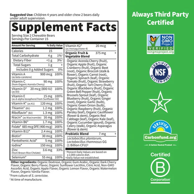 Supplement facts for kids chewable multivitamin, showing ingredients and dosage.
