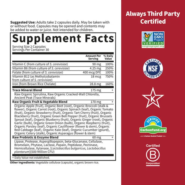 Supplement facts and ingredient list for Raw Iron supplement.