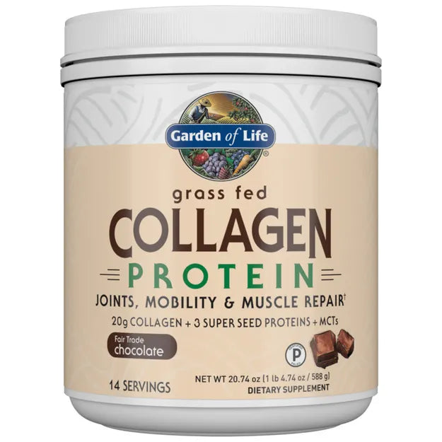 Garden of Life Grass Fed Collagen Protein Powder tub, chocolate flavour, 588g.