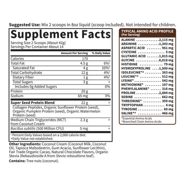 Garden of Life Grass Fed Collagen Protein Chocolate Powder supplement facts.