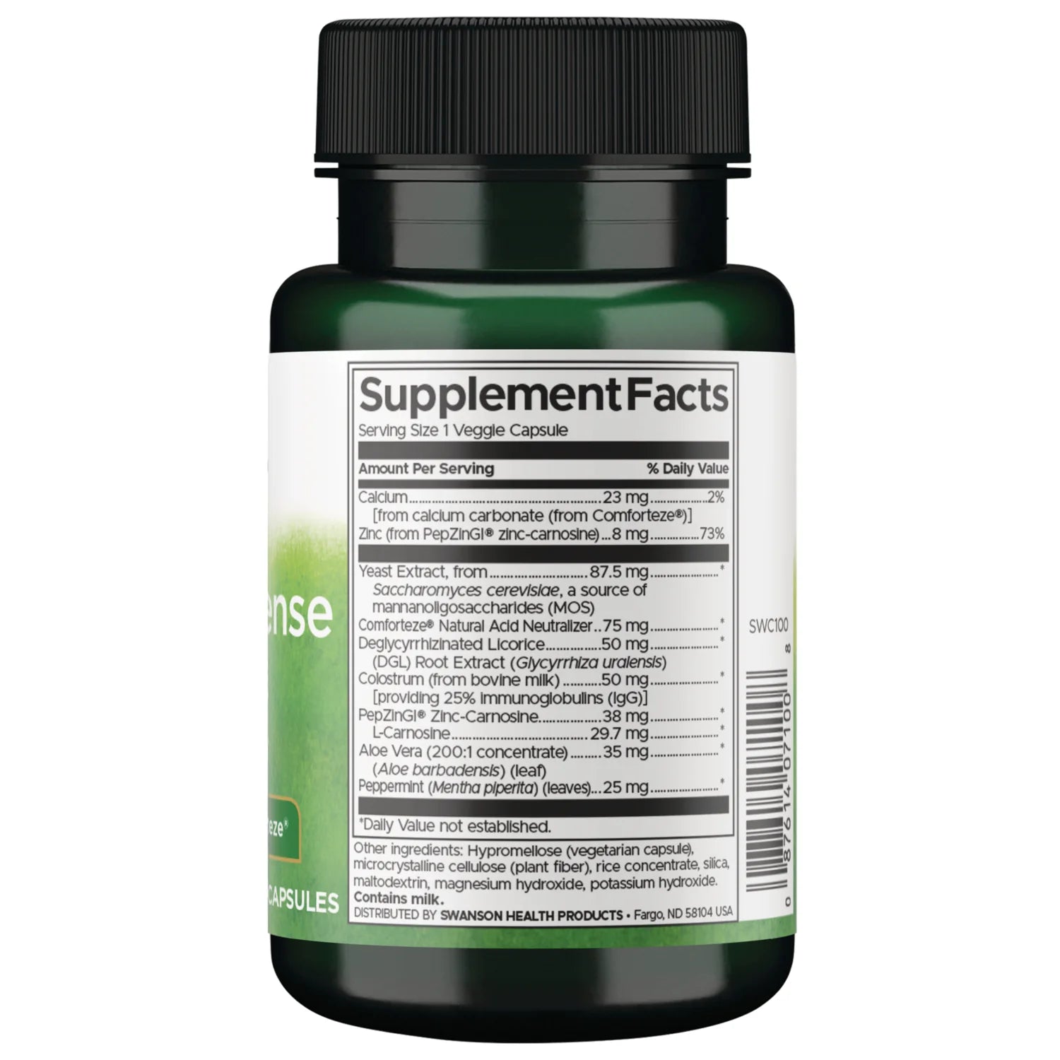 Swanson Stomach Defense Essentials PepZinGI digestive supplement veggie capsule bottle 60 capsules supplement facts ingredients & barcode panel