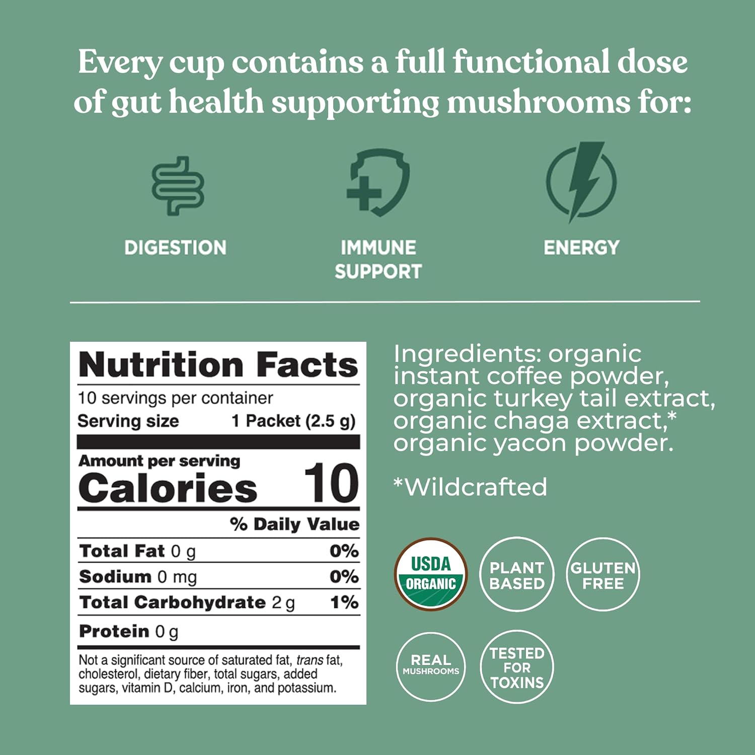 Four Sigmatic instant coffee blend ingredients and product information panel on packaging