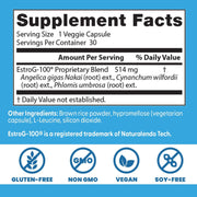 Doctor's Best Menopause Spectrum with EstroG-100, bottle packaging, no flavour, 30 veggie capsules, supplement facts and ingredients