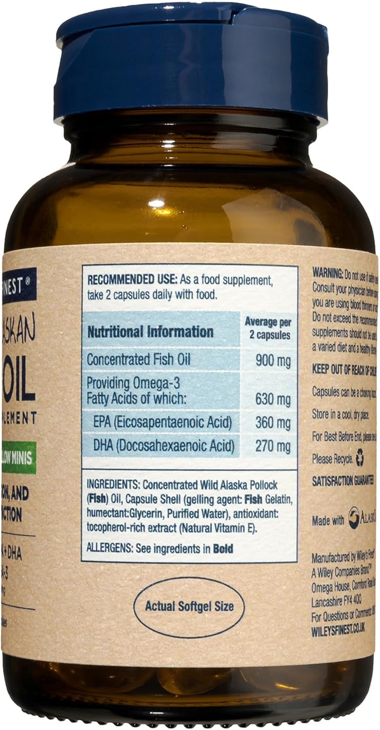 Supplement facts & ingredients image: Wiley’s Finest Wild Alaskan fish oil minis ingredient panel bottle 60 count