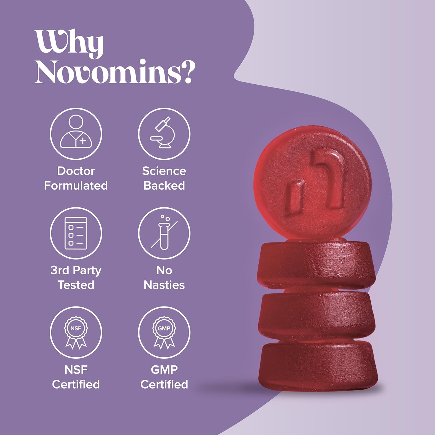 Novomins Magnesium Gummies 180mg Raspberry 60 Count vegan gummies supplement close up