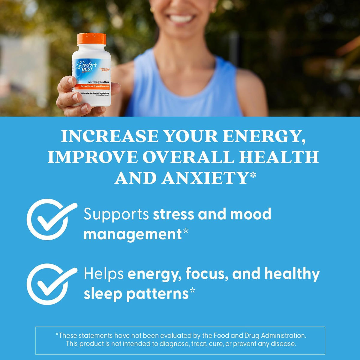 Doctor's Best Ashwagandha with Sensoril, bottle packaging, unflavoured, 250mg, 60 veggie capsules, daily dietary supplement use