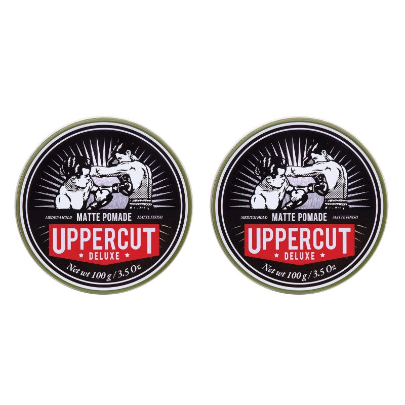 Front image: Uppercut Deluxe Matte Pomade 100g tin medium hold matte styling product 2 packs