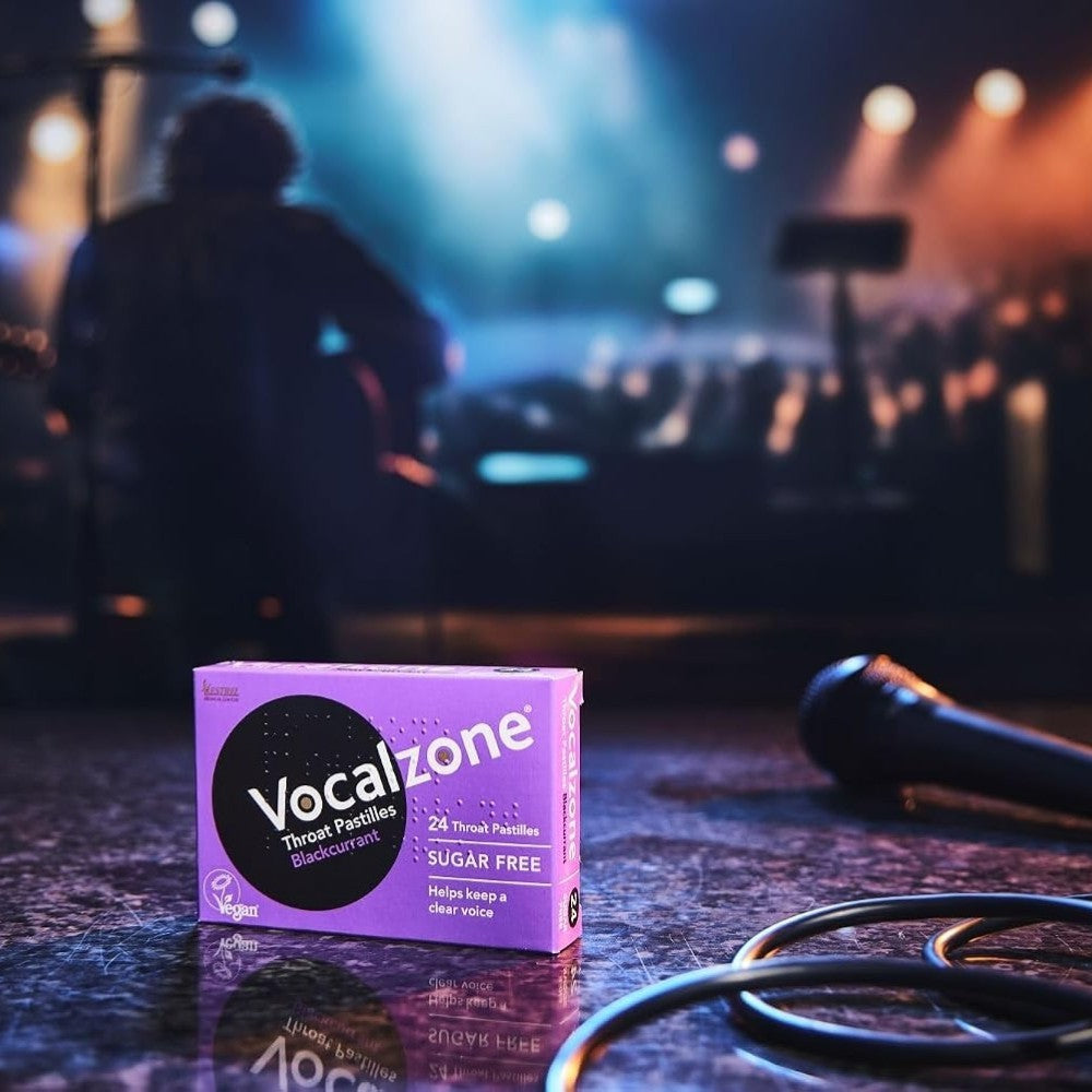 Vocalzone Blackcurrant Sugar Free Pastilles blackcurrant flavour 24 count lifestyle use image