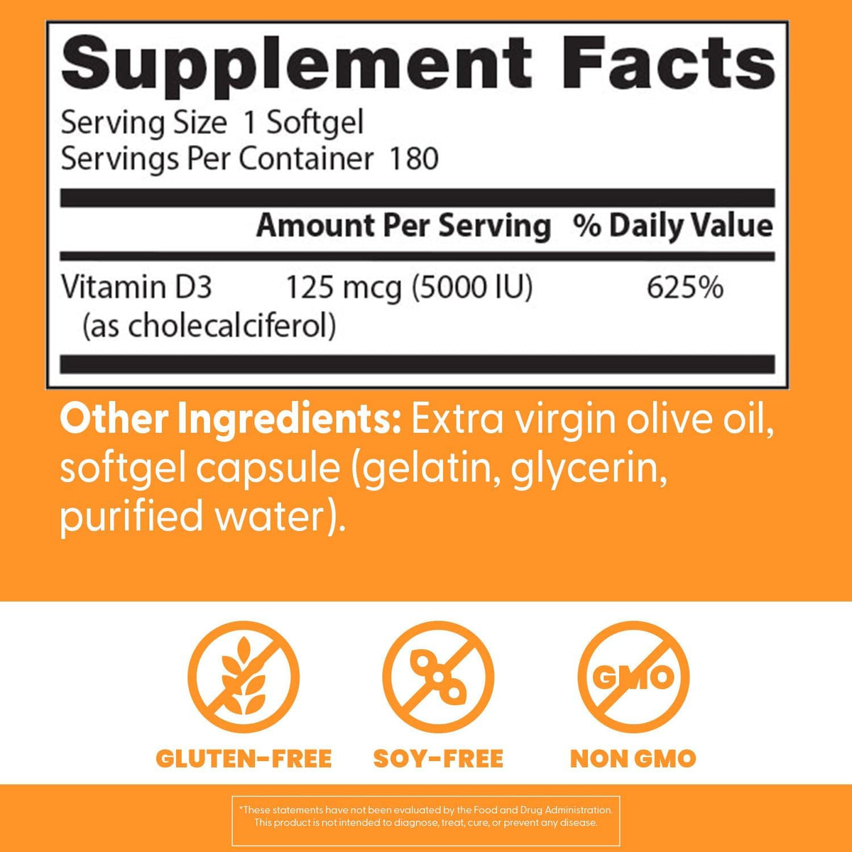 Doctor's Best Vitamin D3, bottle packaging, unflavoured, 5000 IU 125mcg, 180 softgels, supplement facts and ingredients