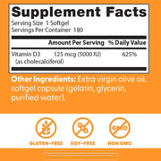 Doctor's Best Vitamin D3, bottle packaging, unflavoured, 5000 IU 125mcg, 180 softgels, supplement facts and ingredients