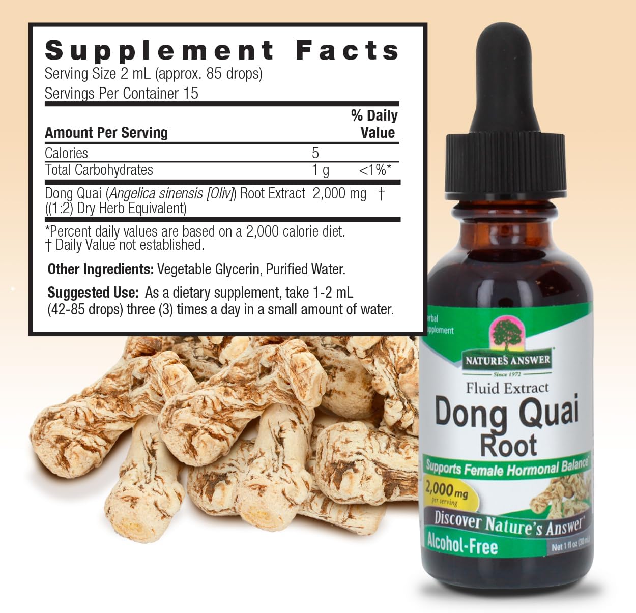 Nature’s Answer Dong Quai Root Extract alcohol-free 30ml supplement facts back label