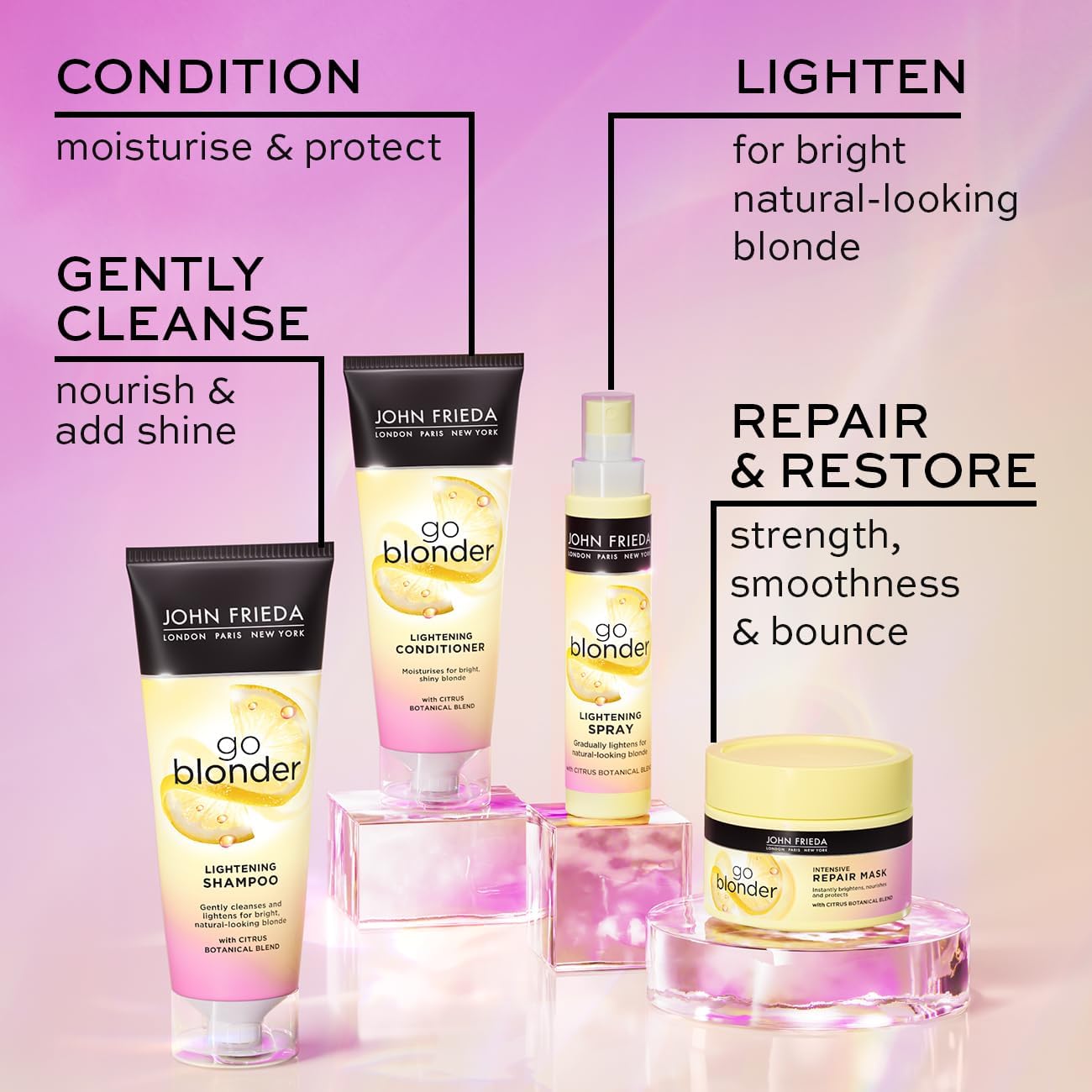 John Frieda Go Blonder Lightening Conditioner, bottle packaging, citrus fragrance, 75ml, product information