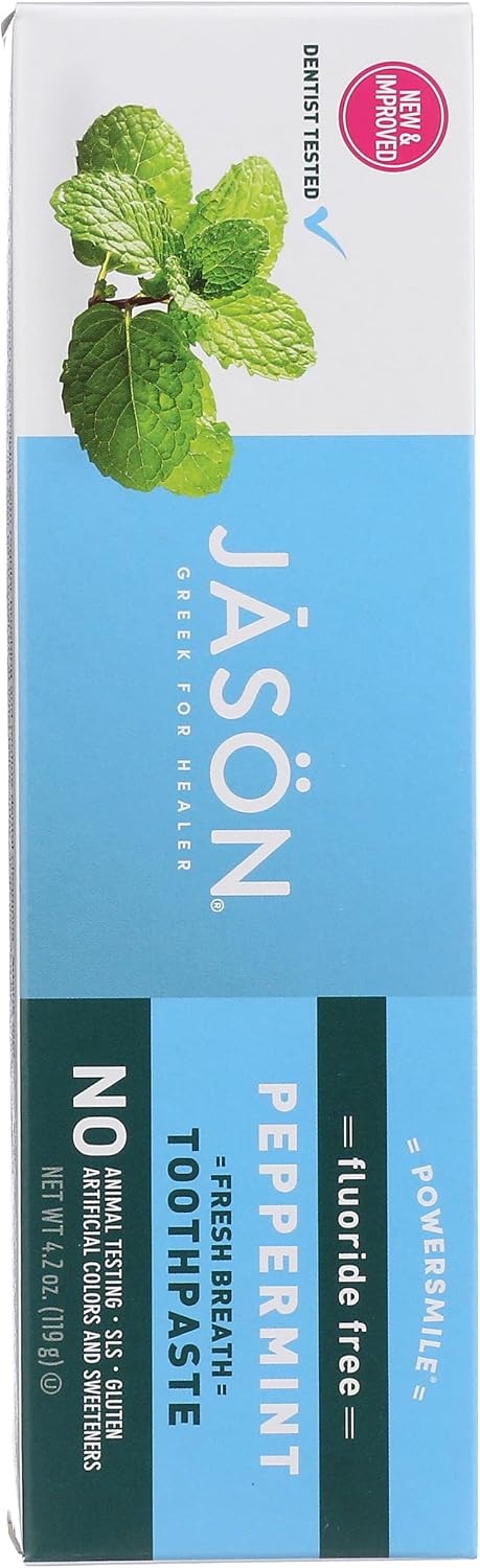 Jason Powersmile Fluoride Free Peppermint Toothpaste 119g box back packaging