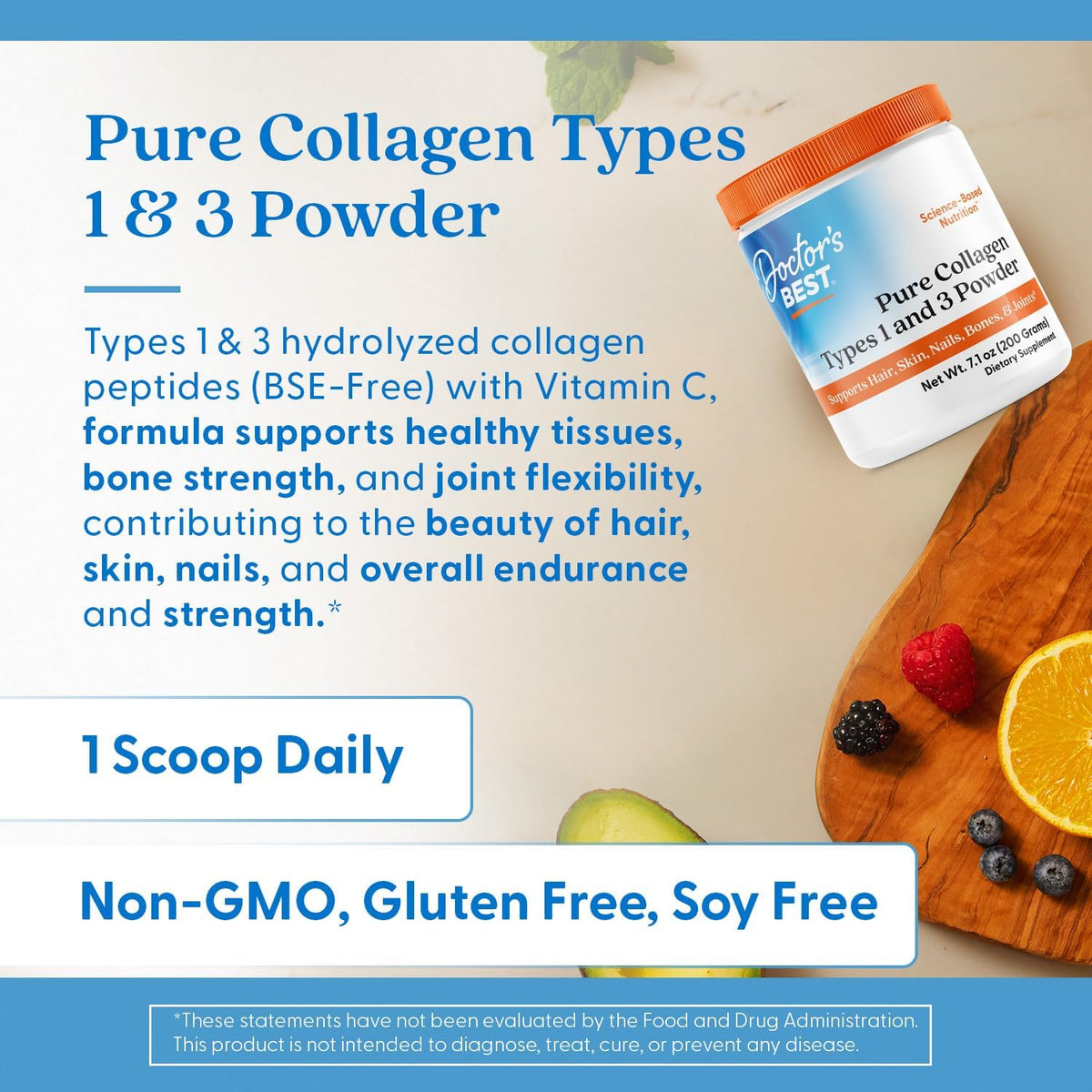 Doctor's Best Pure Collagen Types 1 & 3 Powder, container packaging, unflavoured, 200g, preparation instructions
