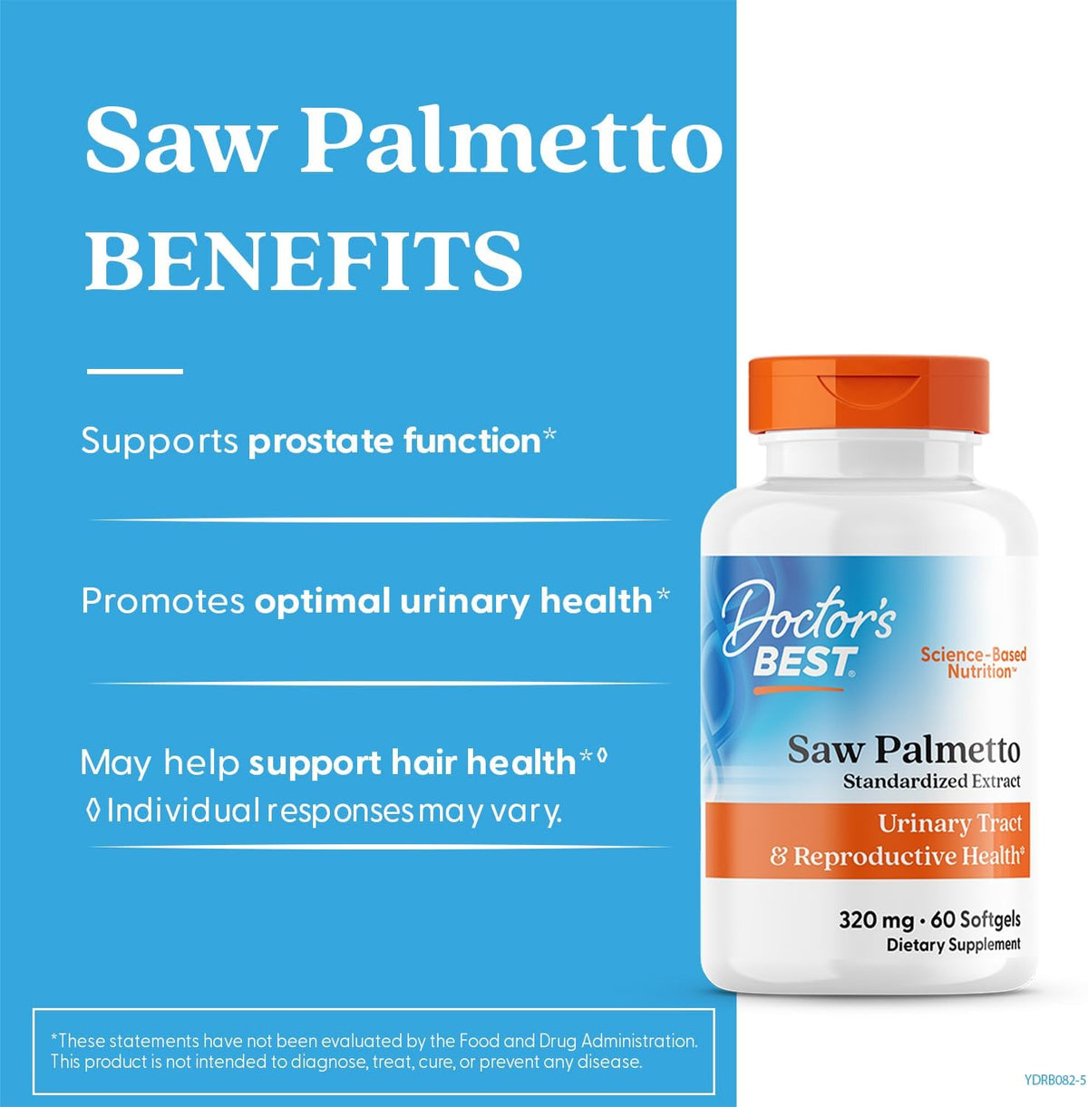 Doctor's Best Saw Palmetto 320mg Standardized Extract, bottle packaging, unflavoured, 320mg, 60 or 180 softgels, daily dietary supplement use