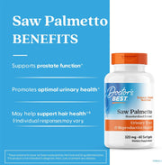 Doctor's Best Saw Palmetto 320mg Standardized Extract, bottle packaging, unflavoured, 320mg, 60 or 180 softgels, daily dietary supplement use