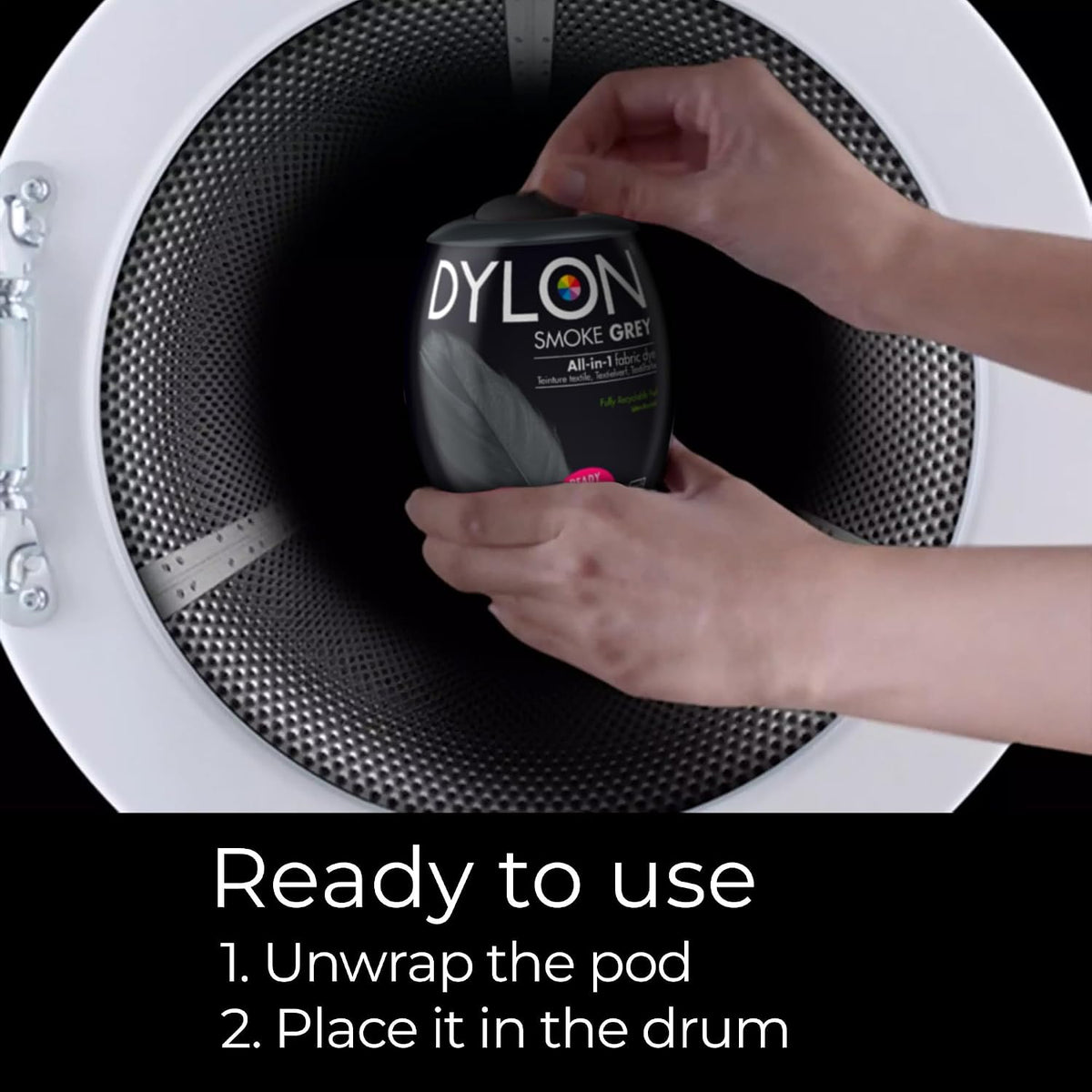 Dylon All-in-1 Washing Machine Fabric Dye Pod Smoke Grey 350g usage instructions packaging