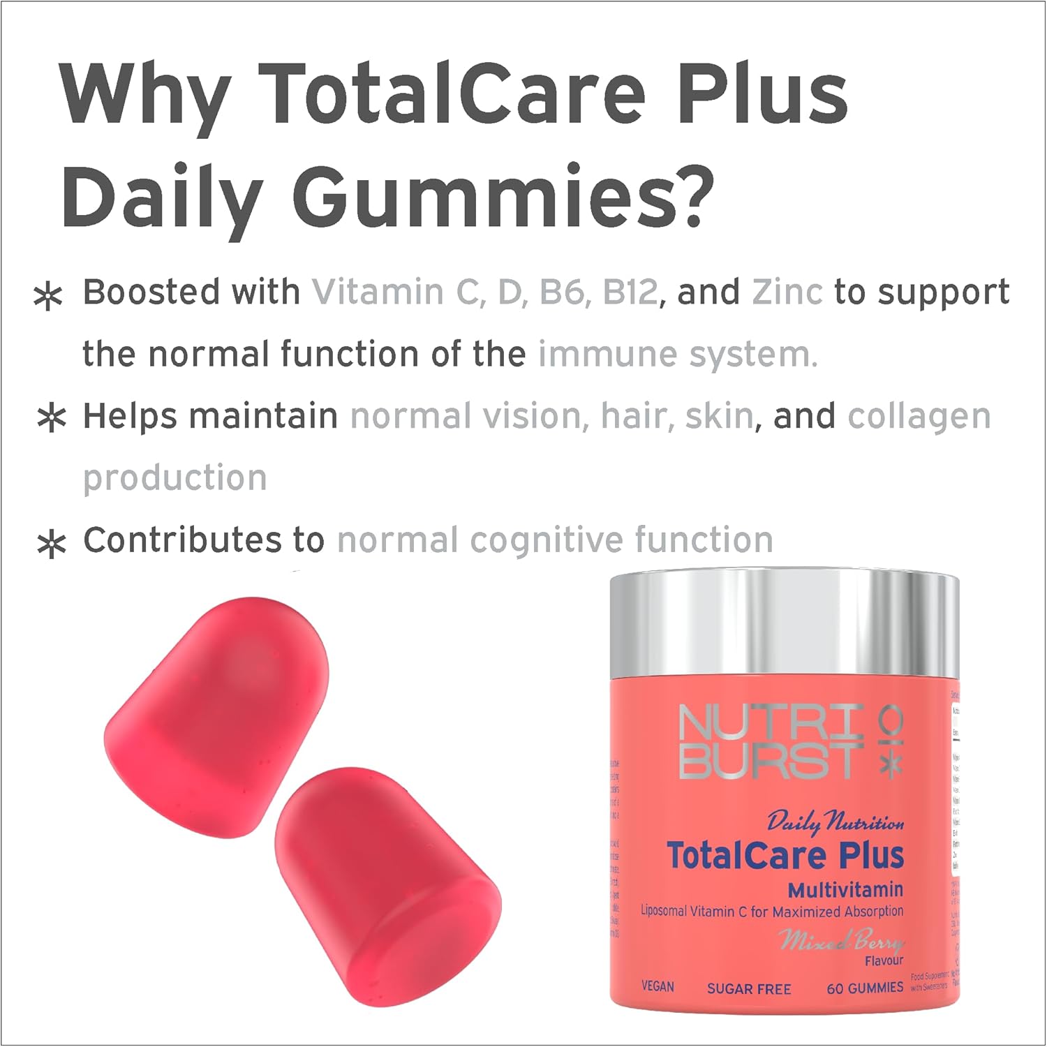 Nutriburst TotalCarePlus Multivitamin Gummies jar, mixed berry, 60 count.