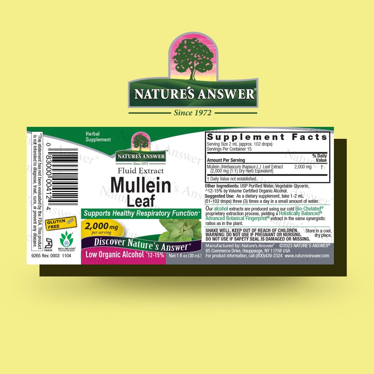 Nature’s Answer Mullein Leaf Liquid Extract 30ml barcode imageon a yellow background