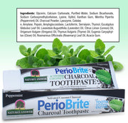 Nature’s Answer PerioBrite charcoal toothpaste ingredient panel 113.4g back viewon a light green background