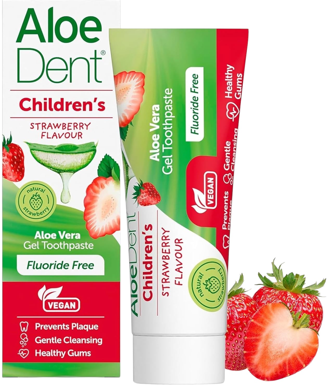 Front Image: Aloe Dent children's aloe vera toothpaste strawberry flavour 50ml tube & box