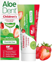 Front Image: Aloe Dent children's aloe vera toothpaste strawberry flavour 50ml tube & box