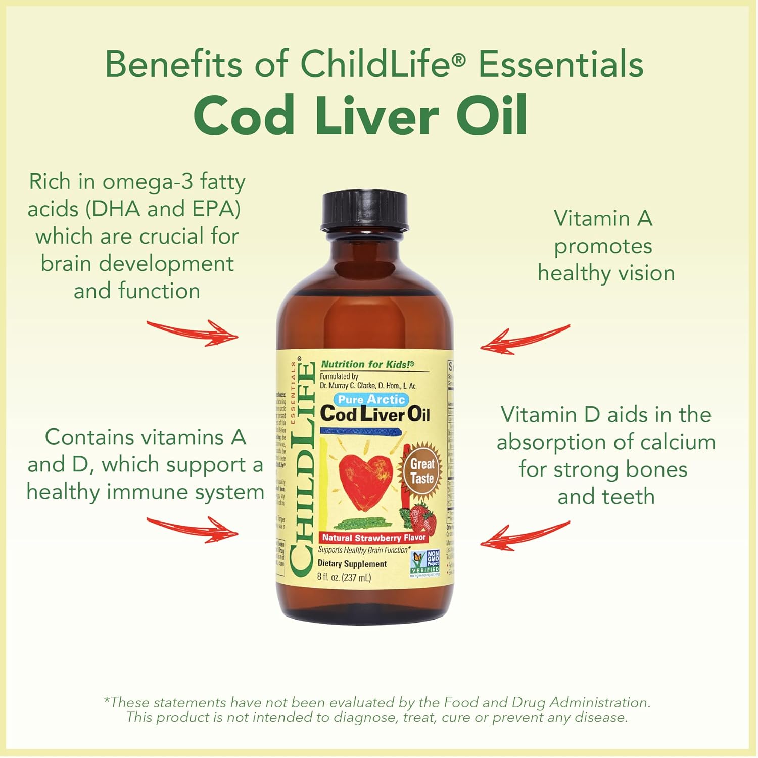 ChildLife Essentials Cod Liver Oil key benefits DHA EPA vitamins A D E 237ml