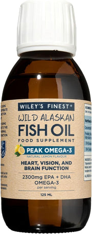 Front image: Wiley’s Finest Wild Alaskan fish oil liquid lemon flavour bottle 125ml