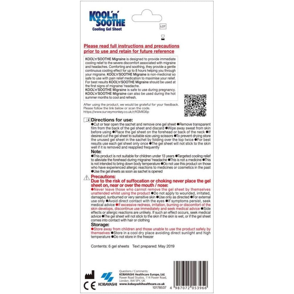 Kool'n Soothe Migraine Cooling Gel Sheets non medicated forehead cooling sheets 6 count product information & barcode