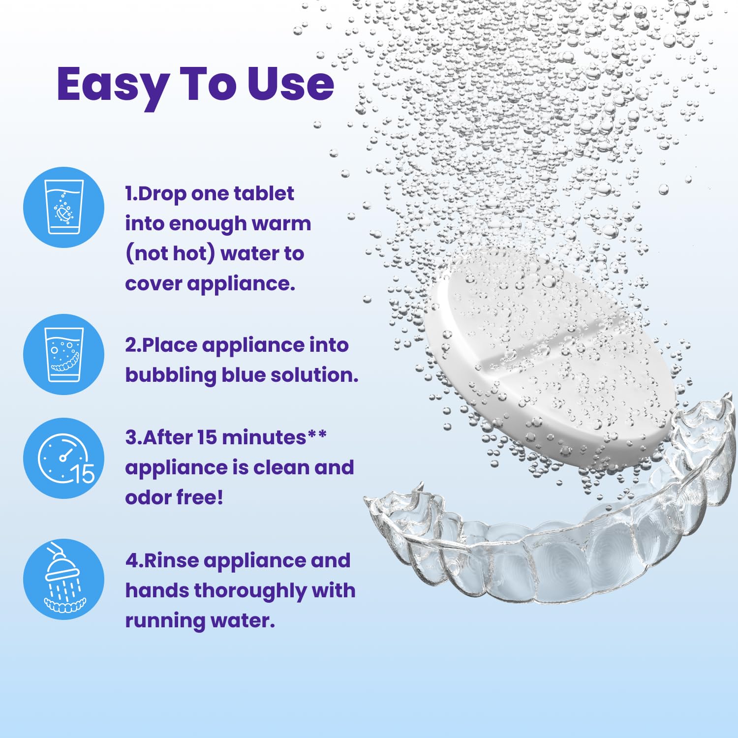 Retainer Brite Cleaning Tablets, cardboard box and tablet packaging, no flavour specified, 96 tablets, soaking instructions