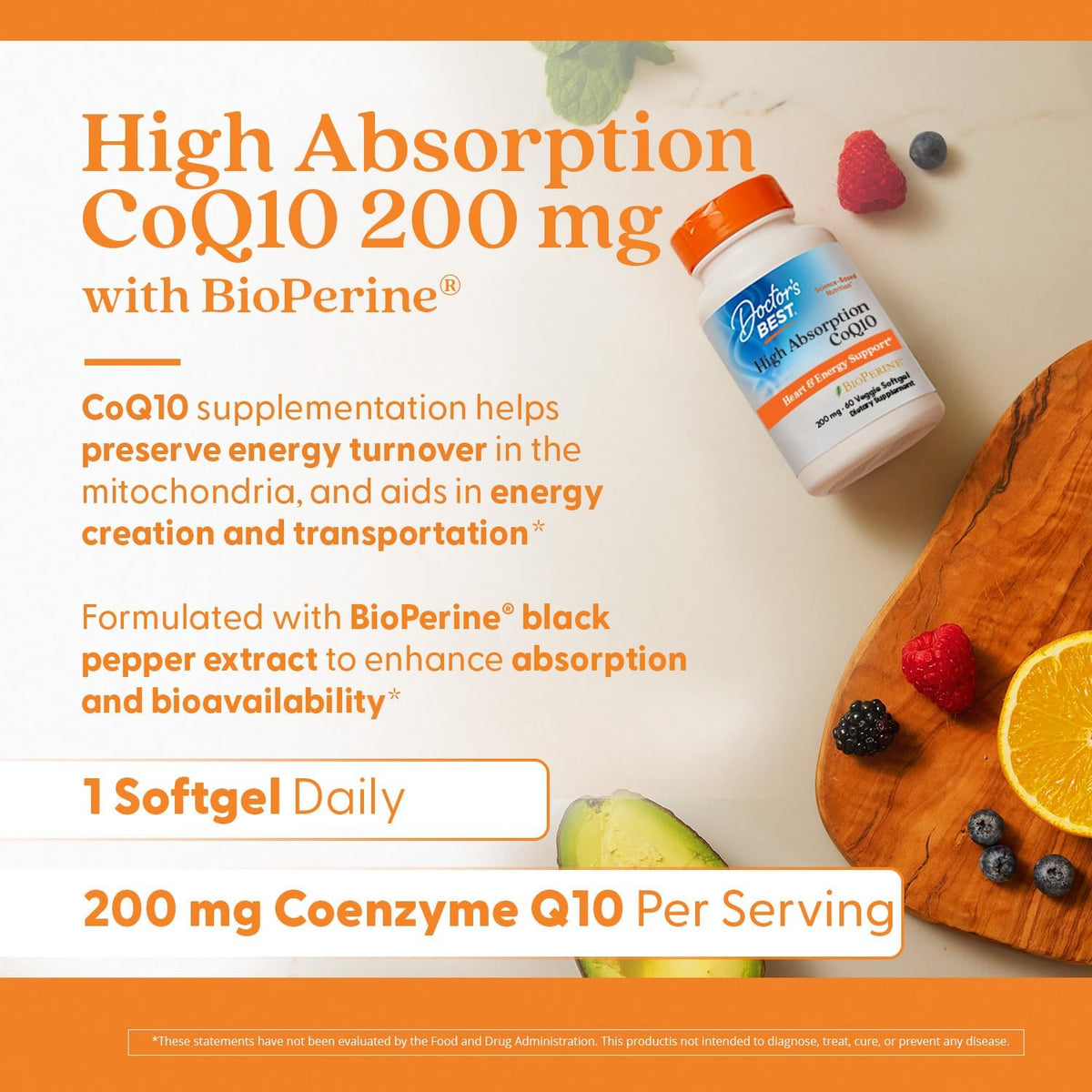 Doctor's Best High Absorption CoQ10 with BioPerine, bottle packaging, no flavour, 200mg, 60 veggie softgels, daily use instructions