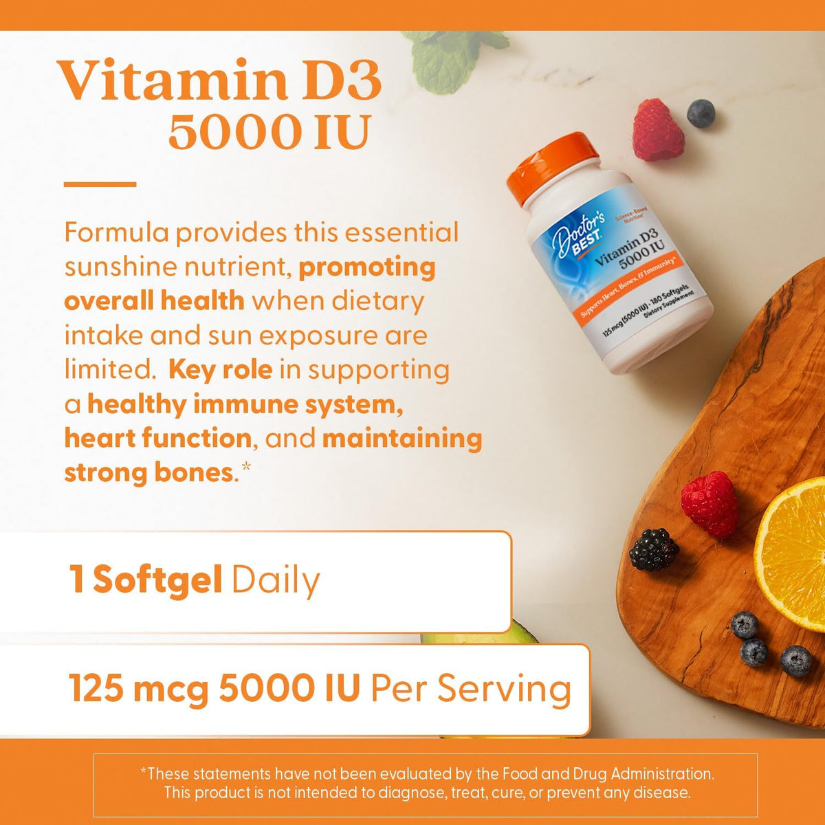 Doctor's Best Vitamin D3, bottle packaging, unflavoured, 5000 IU 125mcg, 180 softgels, daily use instructions