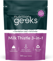 Nutrition Geeks Milk Thistle 3-in-1, vegan food supplement tablet packaging, no flavour, 120 tablets