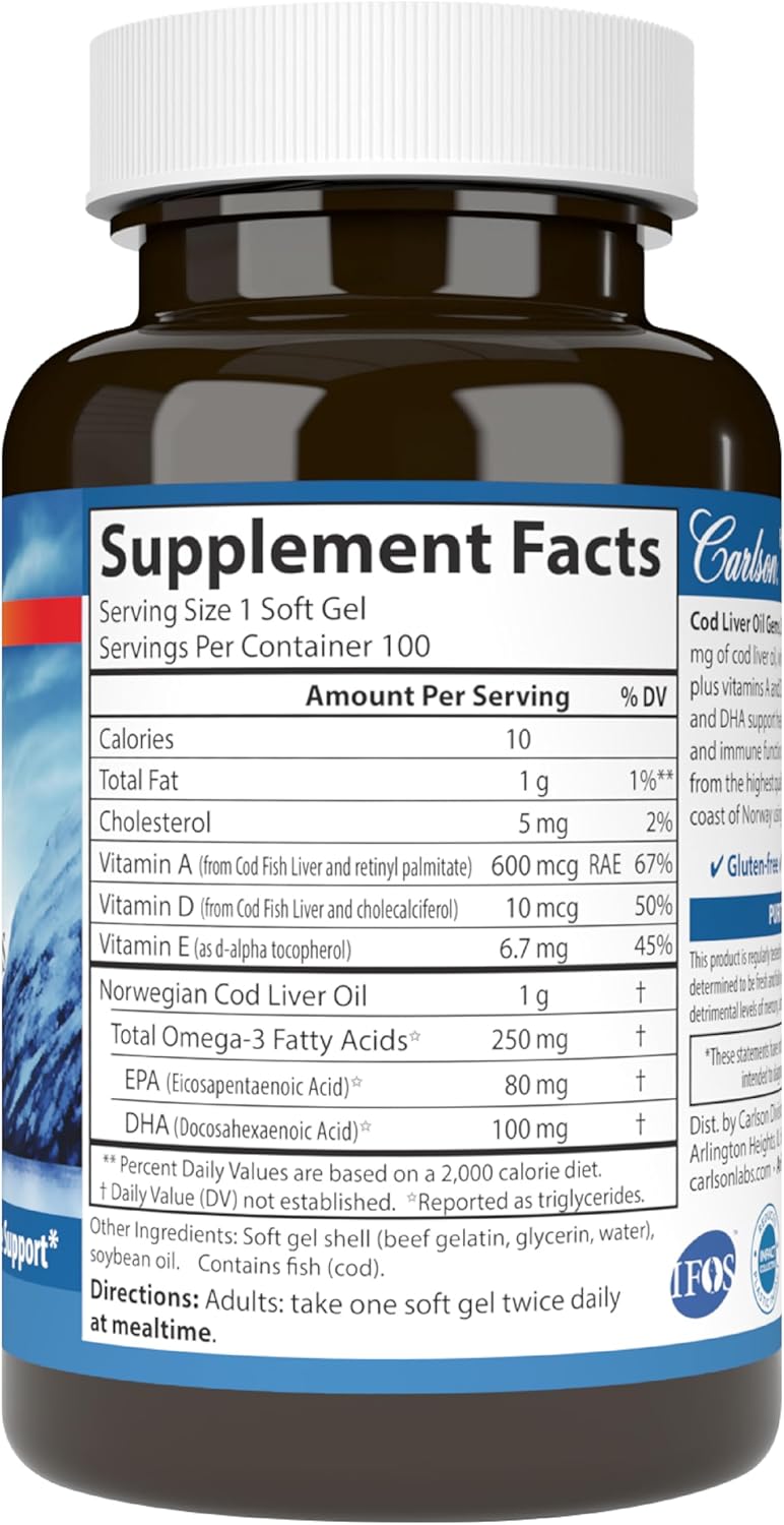 Supplement facts & ingredients image: Carlson Cod Liver Oil omega 3 vitamins A D3 supplement facts 100 softgels