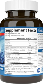 Supplement facts & ingredients image: Carlson Cod Liver Oil omega 3 vitamins A D3 supplement facts 100 softgels