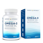 Nordic Naturals Omega-3 + Borage Oil dietary supplement shown as a white bottle with a white cap next to its blue and white retail box on a plain white background.