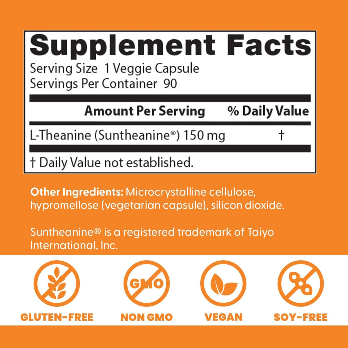 Doctor's Best L-Theanine with Suntheanine, bottle packaging, unflavoured, 150mg, 90 veggie capsules, supplement facts and ingredients